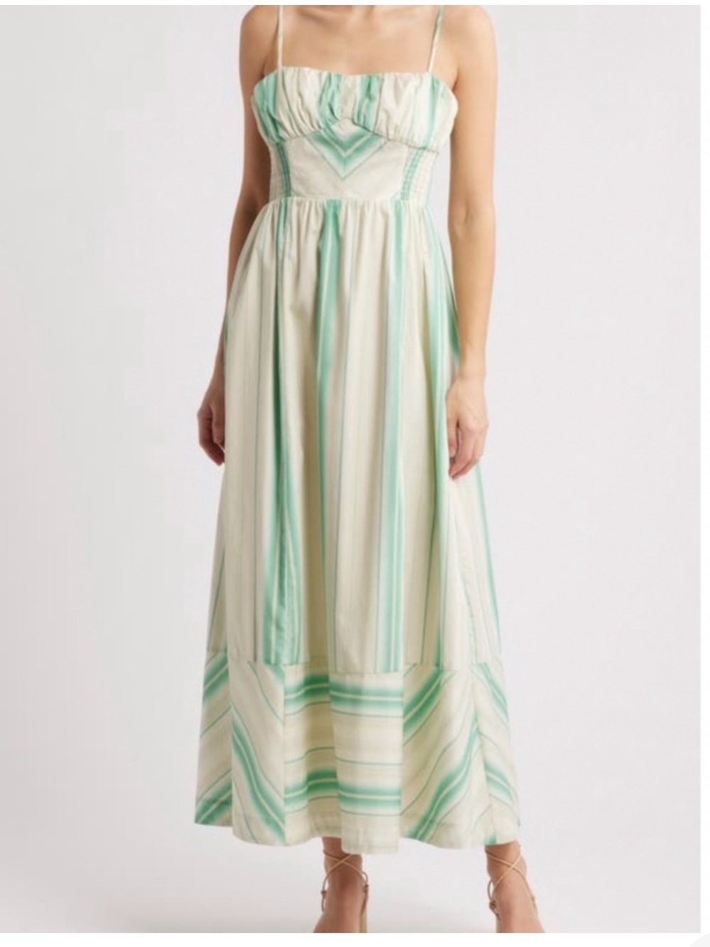 New Du Paradis Anthurium Maxi Sundress in Vintage Stripes Green Cream Medium